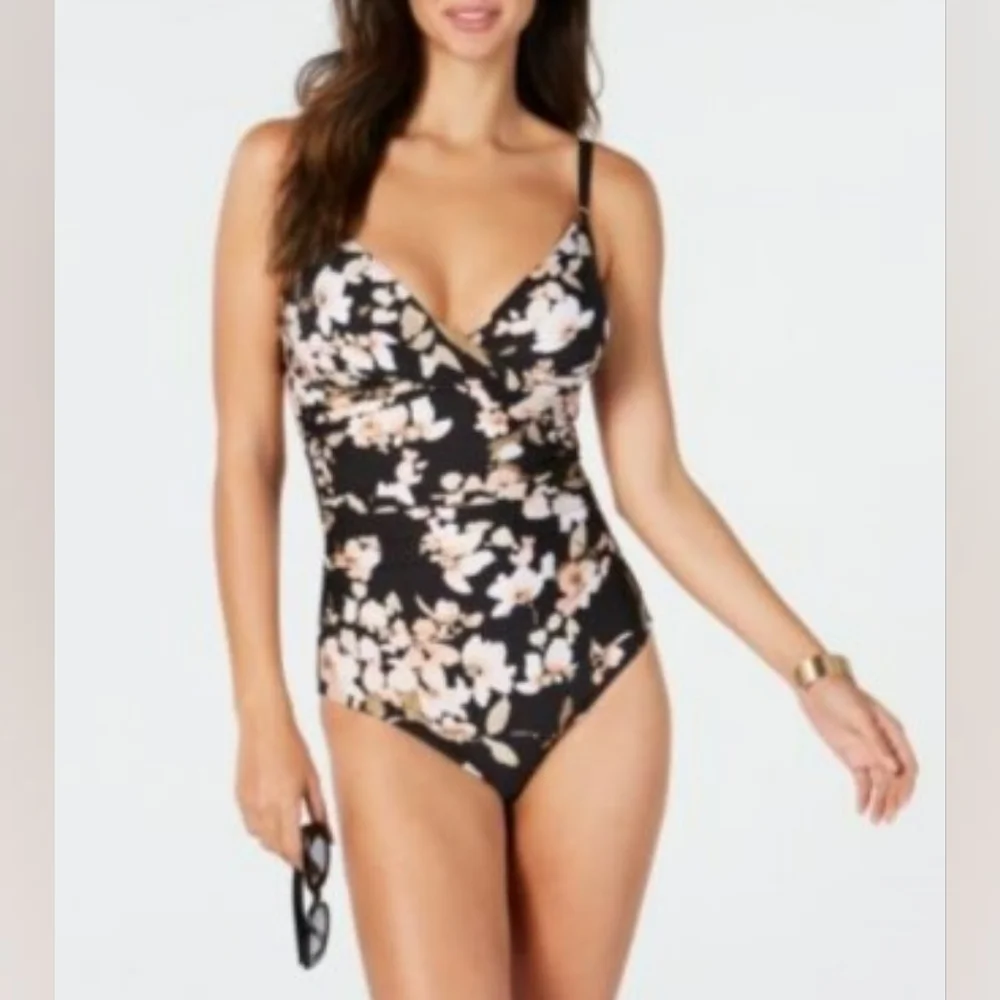 Calvin Klein Watercolor Floral Printed Twist-Front Tummy-Control One-Piece Sz 12 - Picture 1 of 6